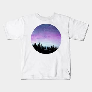 Purple and Blue Galaxy Sky - Watercolour Landscape with Tree Silhouette Kids T-Shirt